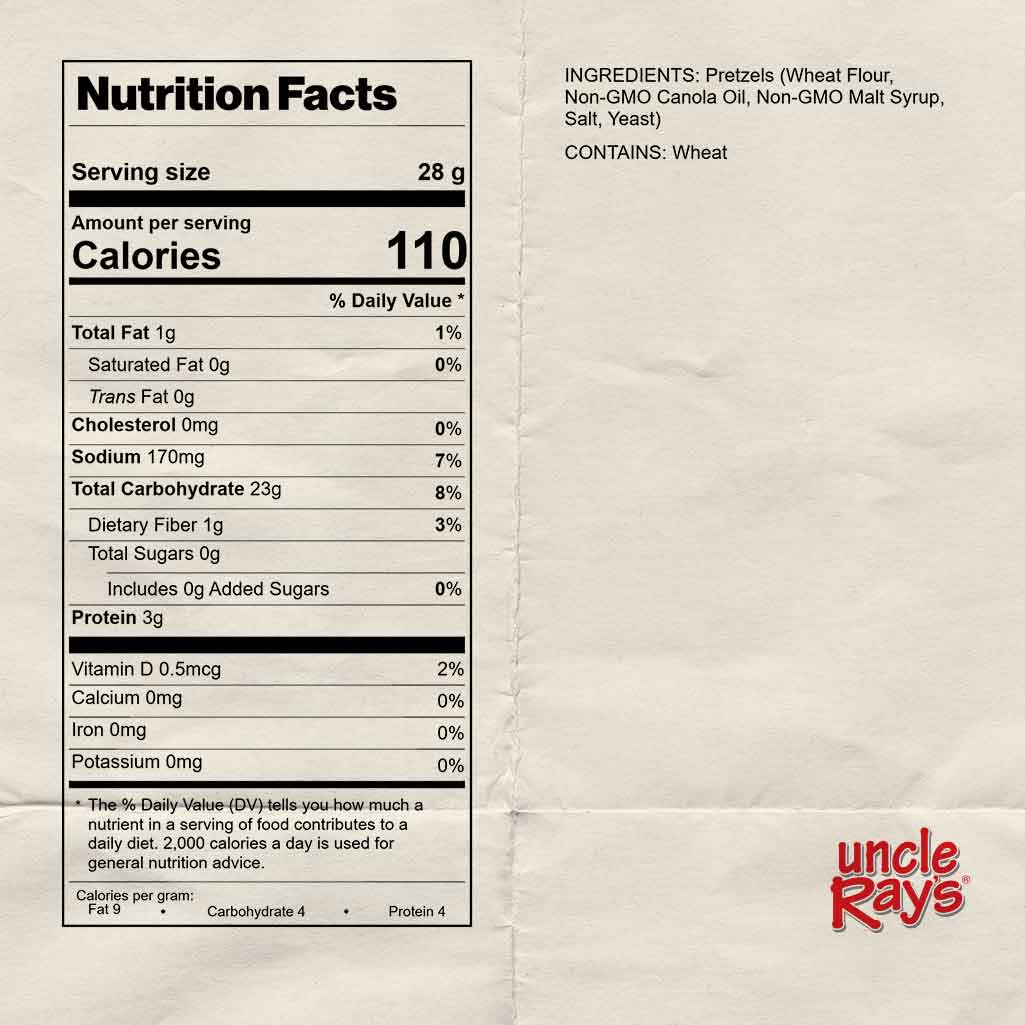 Nutrition facts label for regular pretzels with ingredients listed on a beige background, featuring the brand 'Uncle Ray's'.