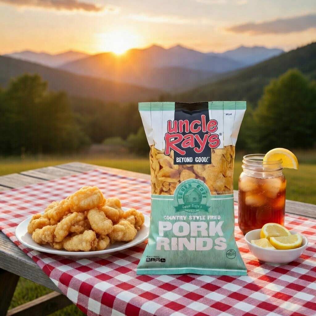 Uncle Ray's Pork Rinds package on a picnic table with fried food and iced tea at sunset.