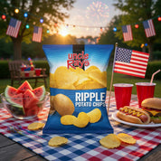 Uncle Ray's Ripple Potato Chips bag on a picnic table with watermelon, hot dogs, and American flags.