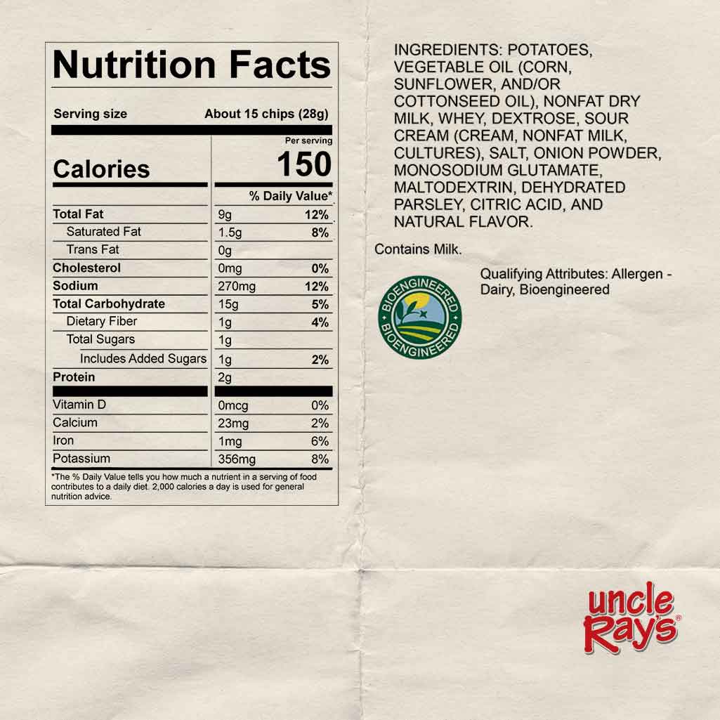 Nutrition facts label for Uncle Ray's Sour Cream & Onion chips.