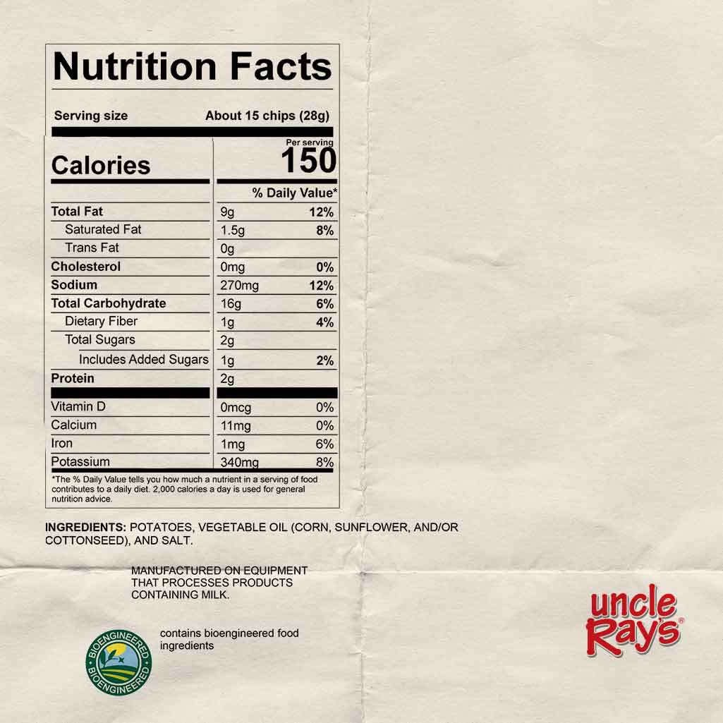 Nutrition facts label for Uncle Ray's Salt & Vinegar chips.
