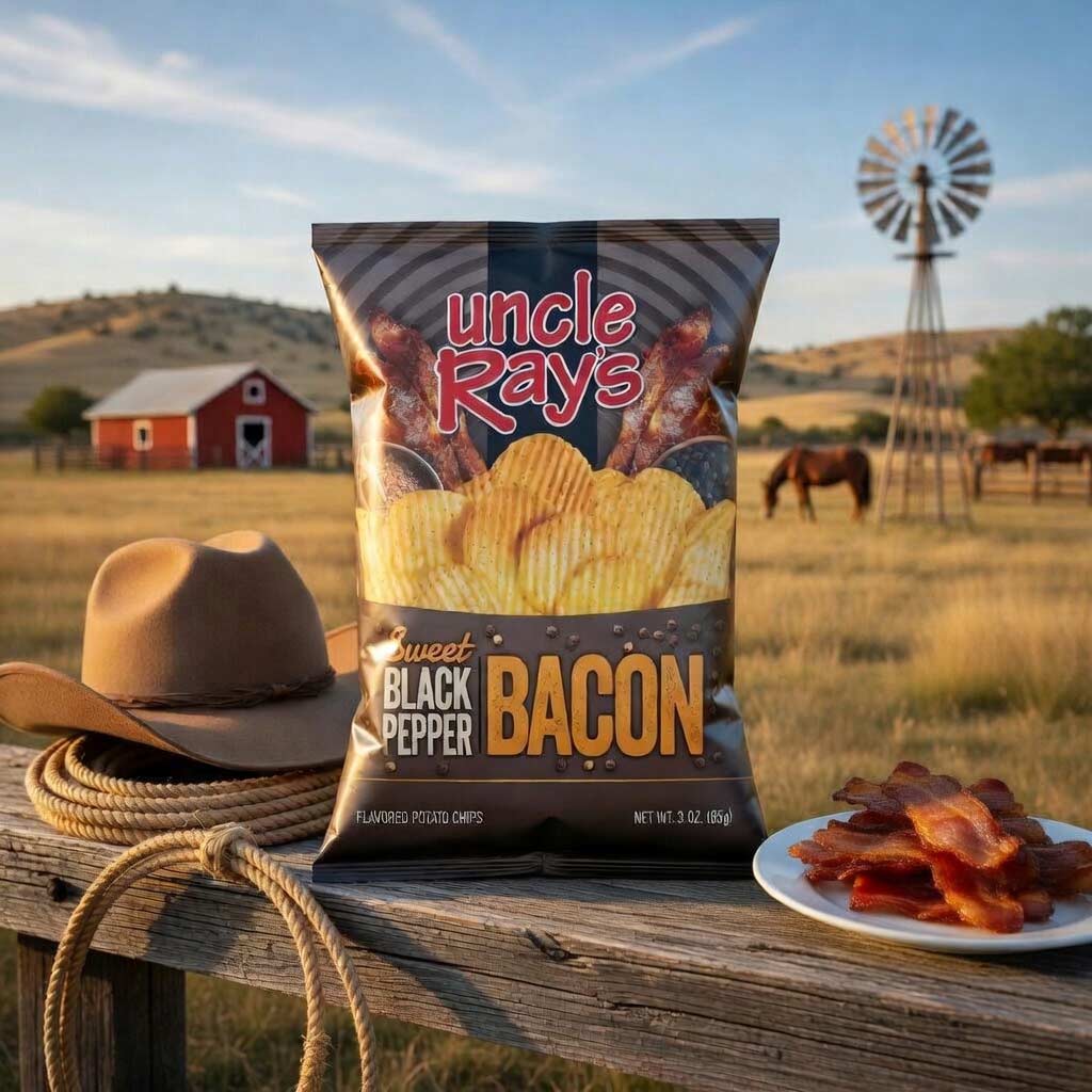 Bag of Uncle Ray's Sweet Black Pepper Bacon flavored chips with bacon on a plate, cowboy hat, and rope in a rural setting.