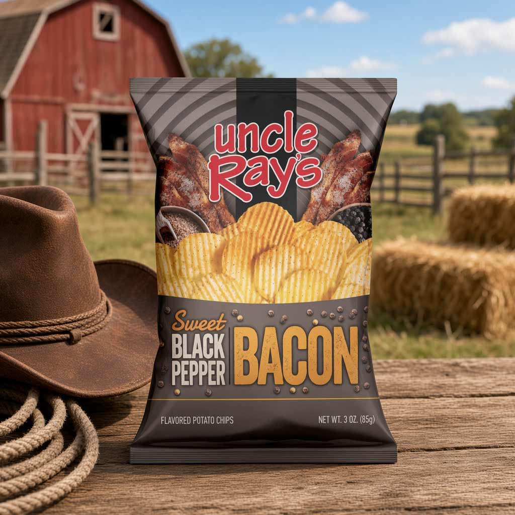 A bag of Uncle Rays Sweet Black Pepper Bacon flavored potato chips stands on a wooden table outdoors, with a red barn, fence, hay bales, a brown cowboy hat, and rope in the background. The bag features bacon graphics and bold red and yellow text.