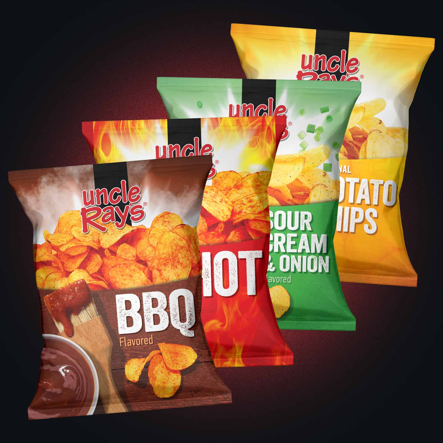 Four packages of Uncle Ray's potato chips in different flavors on a dark background