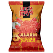 Uncle Ray's 5 Alarm Cheddar Sour Cream flavored potato chips packaging on a white background