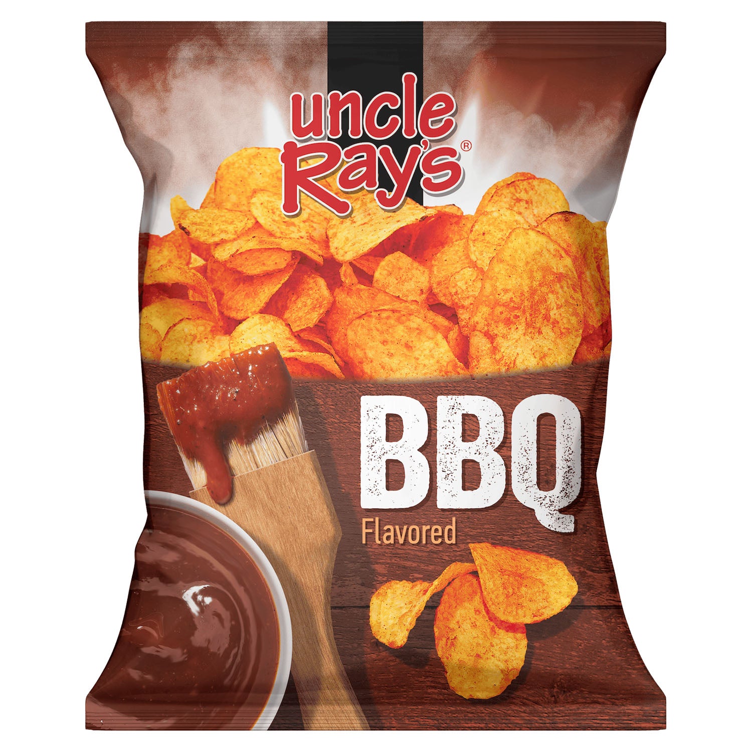 Bag of Uncle Ray's BBQ flavored chips with a bowl of sauce and brush on the packaging.