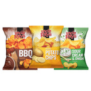Three packages of Uncle Ray's potato chips in different flavors on a white background
