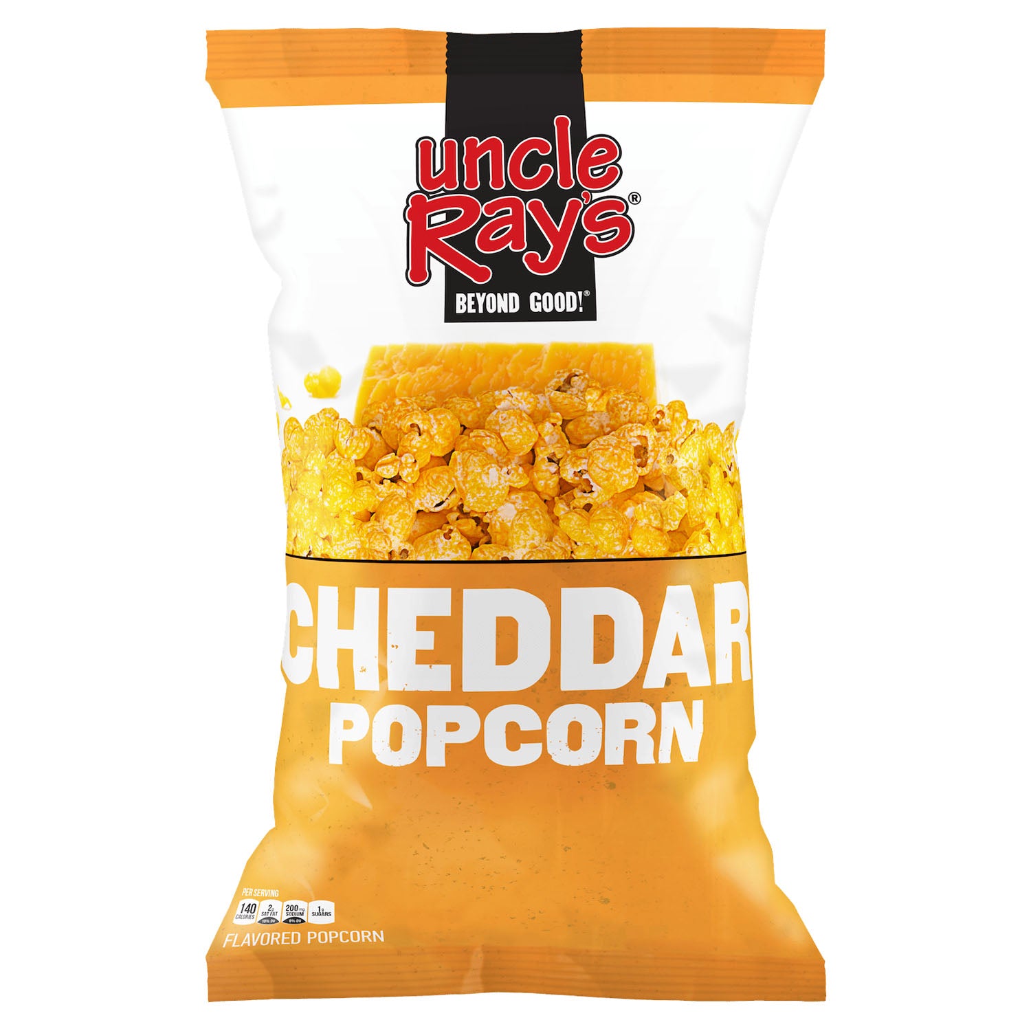 Bag of Uncle Ray's Cheddar Popcorn on a white background