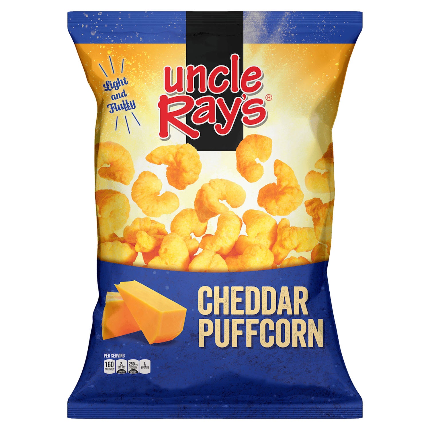 Bag of Uncle Ray's Cheddar Puffcorn with blue and yellow design.