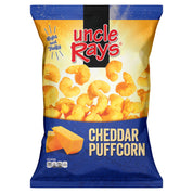 Bag of Uncle Ray's Cheddar Puffcorn with blue and yellow design.