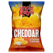 Bag of Uncle Ray's Cheddar and Sour Cream flavored potato chips on a white background