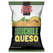 Uncle Ray's Hatch Green Queso flavored potato chips packaging on a white background