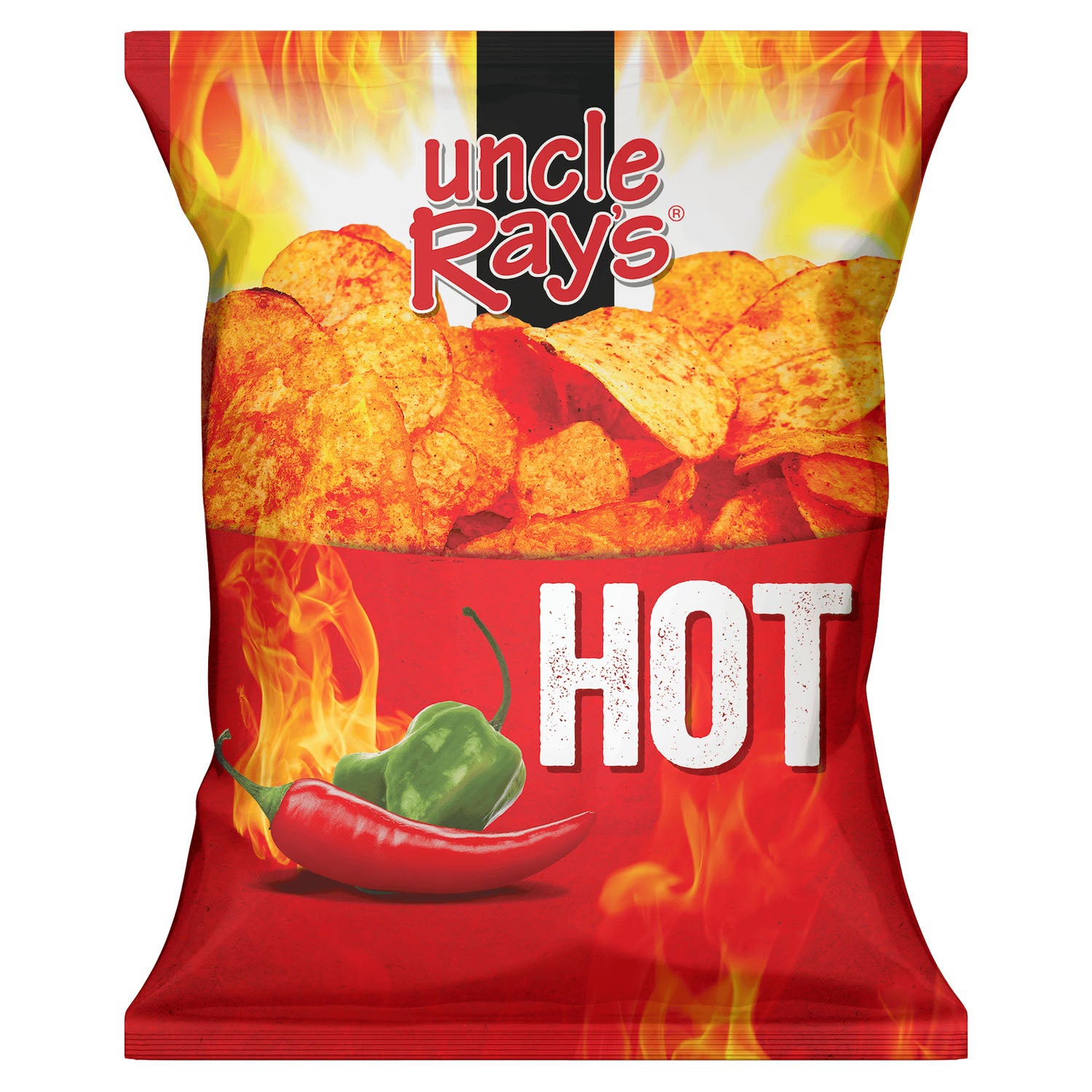Uncle Ray's hot chips packaging with flames and a chili pepper.