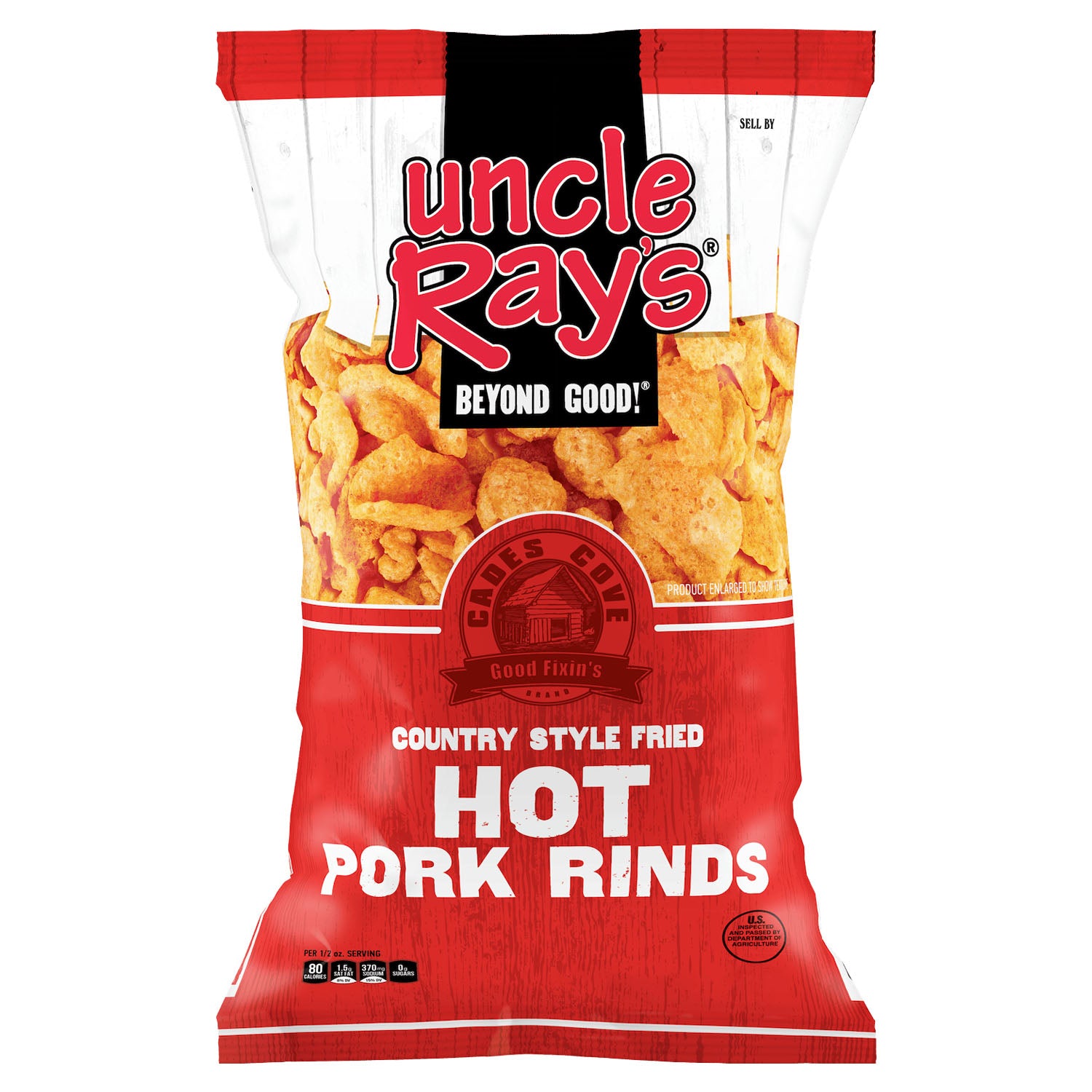 Bag of Uncle Ray's Country Style Fried Hot Pork Rinds on a white background