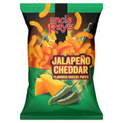 Packaging of Uncle Ray's Jalapeño Cheddar flavored cheese puffs with green and orange design.