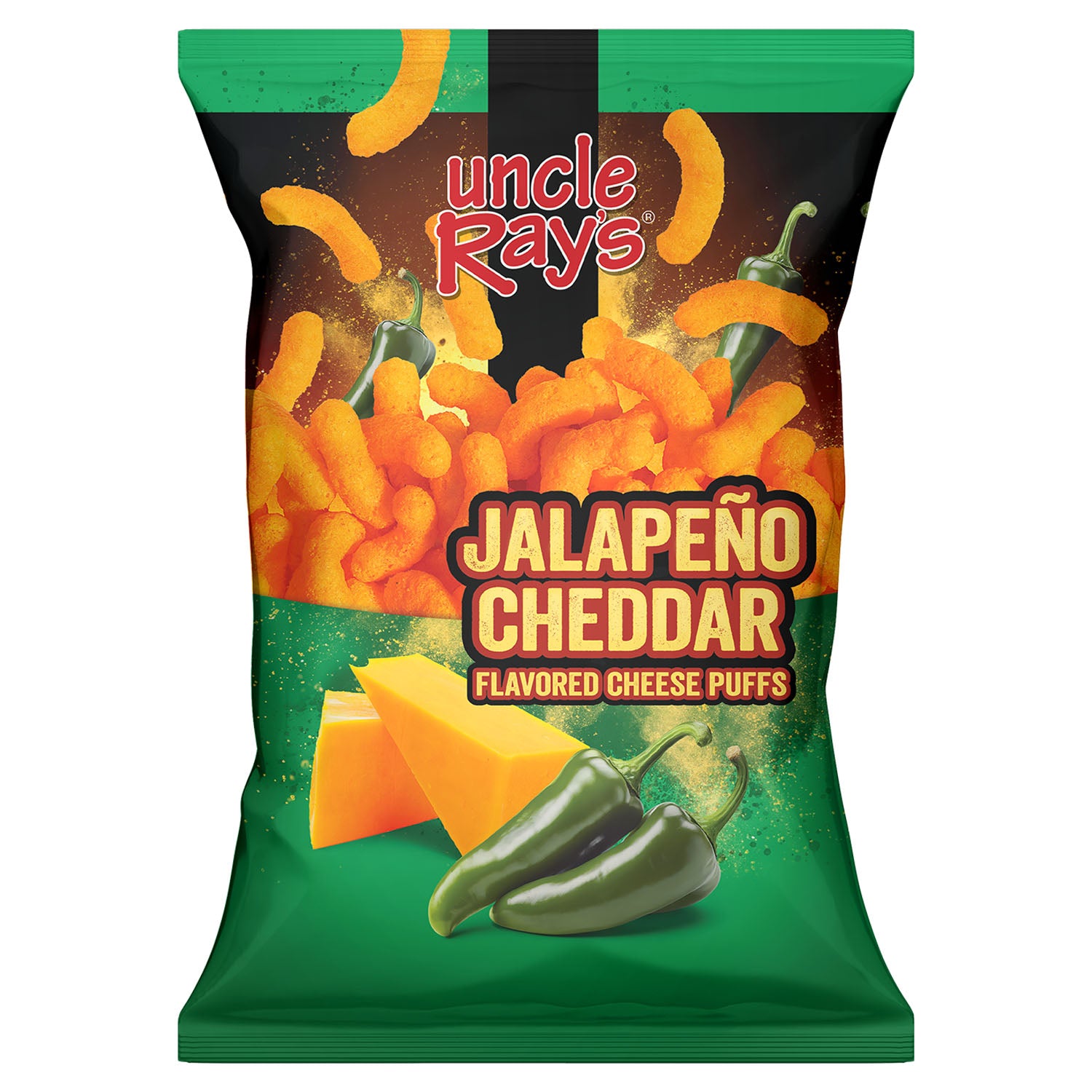 Packaging of Uncle Ray's Jalapeño Cheddar flavored cheese puffs with green and orange design.