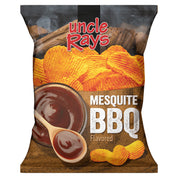 Bag of Uncle Ray's Mesquite BBQ flavored chips with a wooden spoon and sauce on the label.