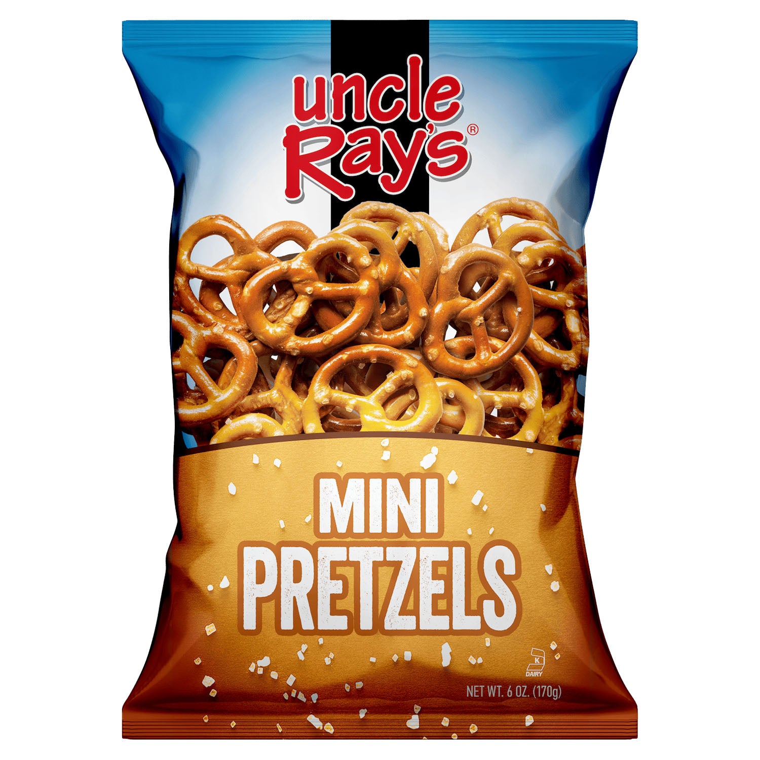 Bag of Uncle Ray's Mini Pretzels with blue and brown design