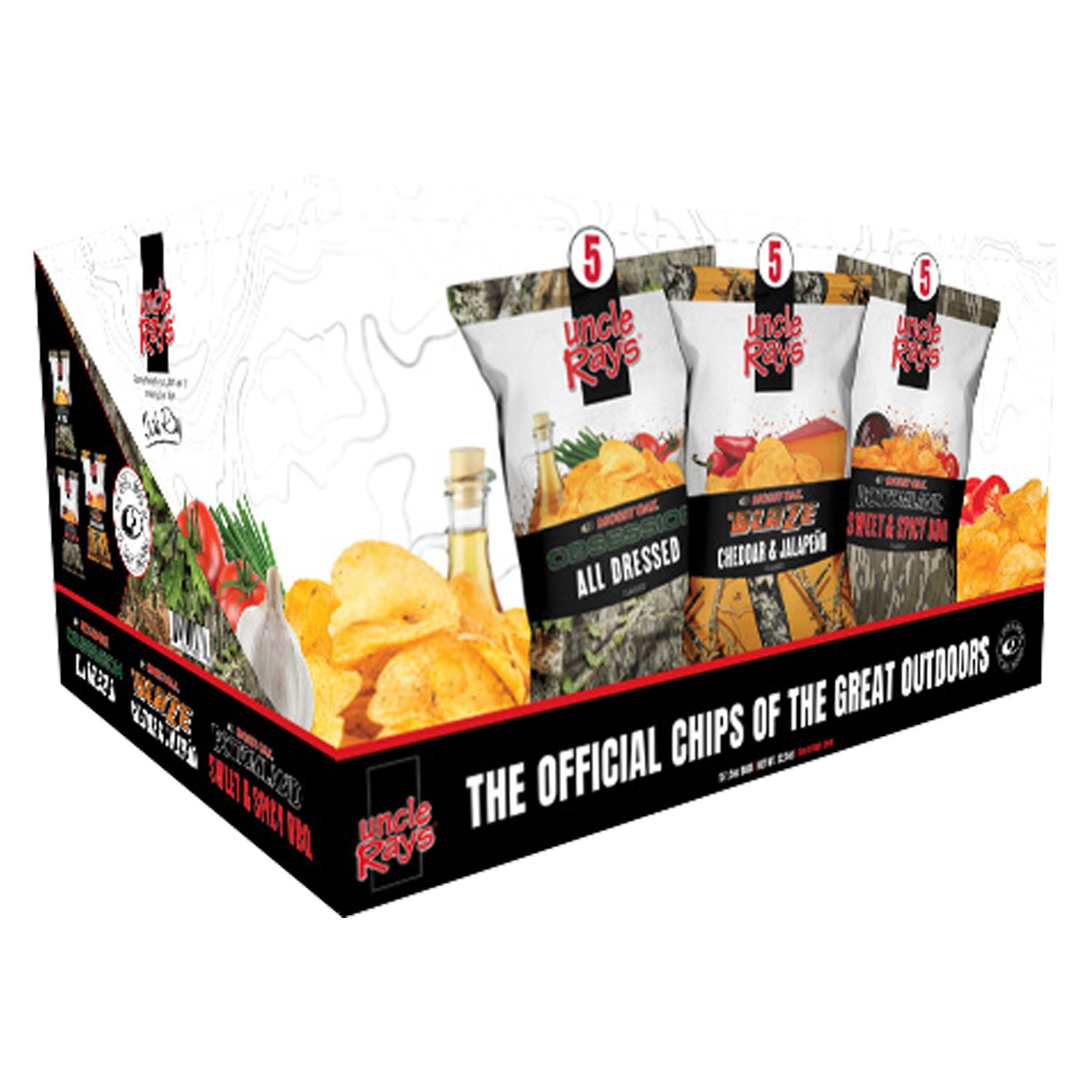 Box of Uncle Ray's chips with various flavors on a white background