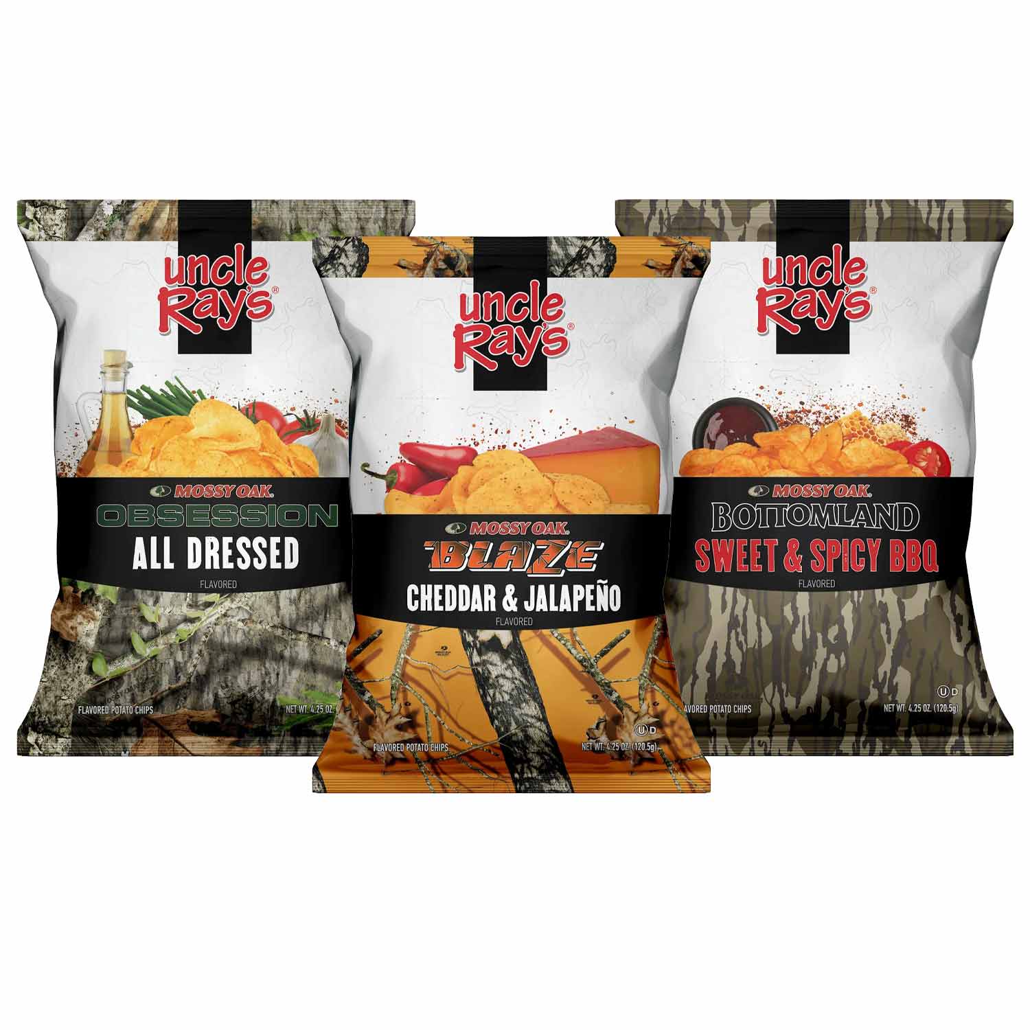Three packages of Uncle Ray's Mossy Oak® snack chips with different flavors on a white background
