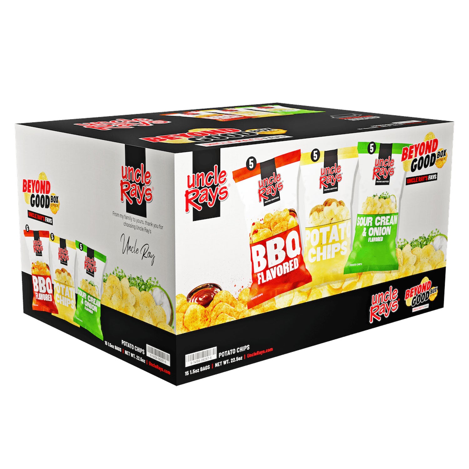 Box of Uncle Ray's potato chips with various flavors on a white background