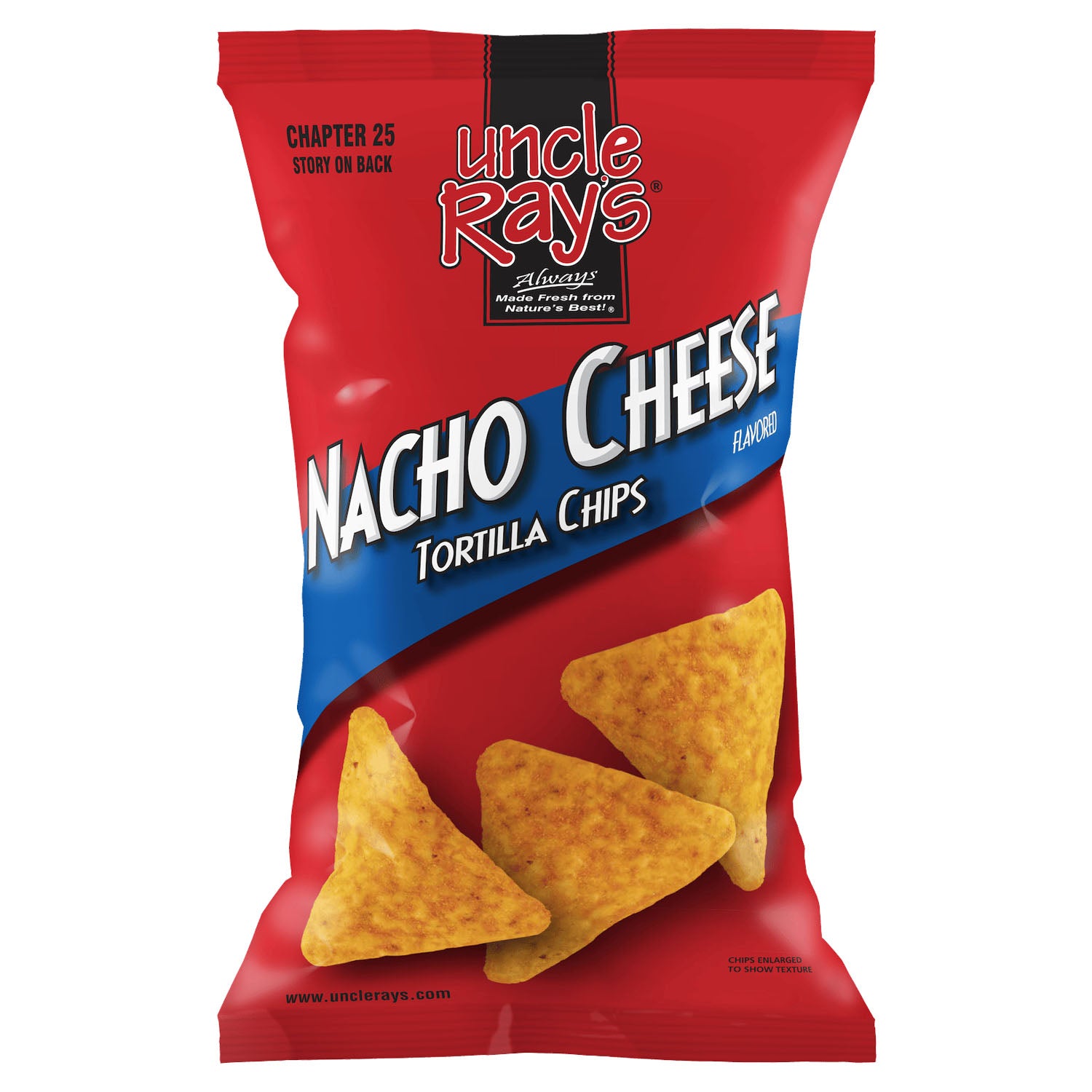 Red bag of Uncle Ray's Nacho Cheese tortilla chips on a white background