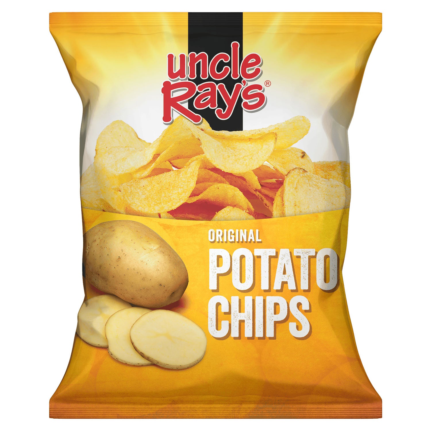 Bag of Uncle Ray's Original Potato Chips with potato illustration on a white background