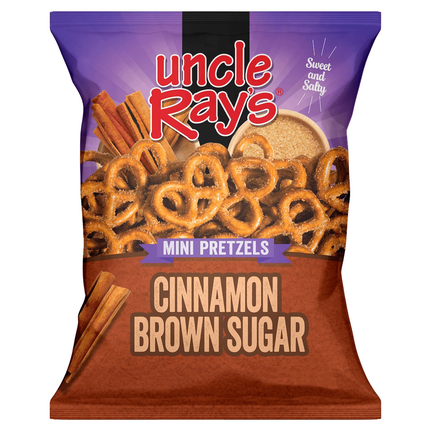 Uncle Ray's Cinnamon Brown Sugar Mini Pretzels packaging on a white background
