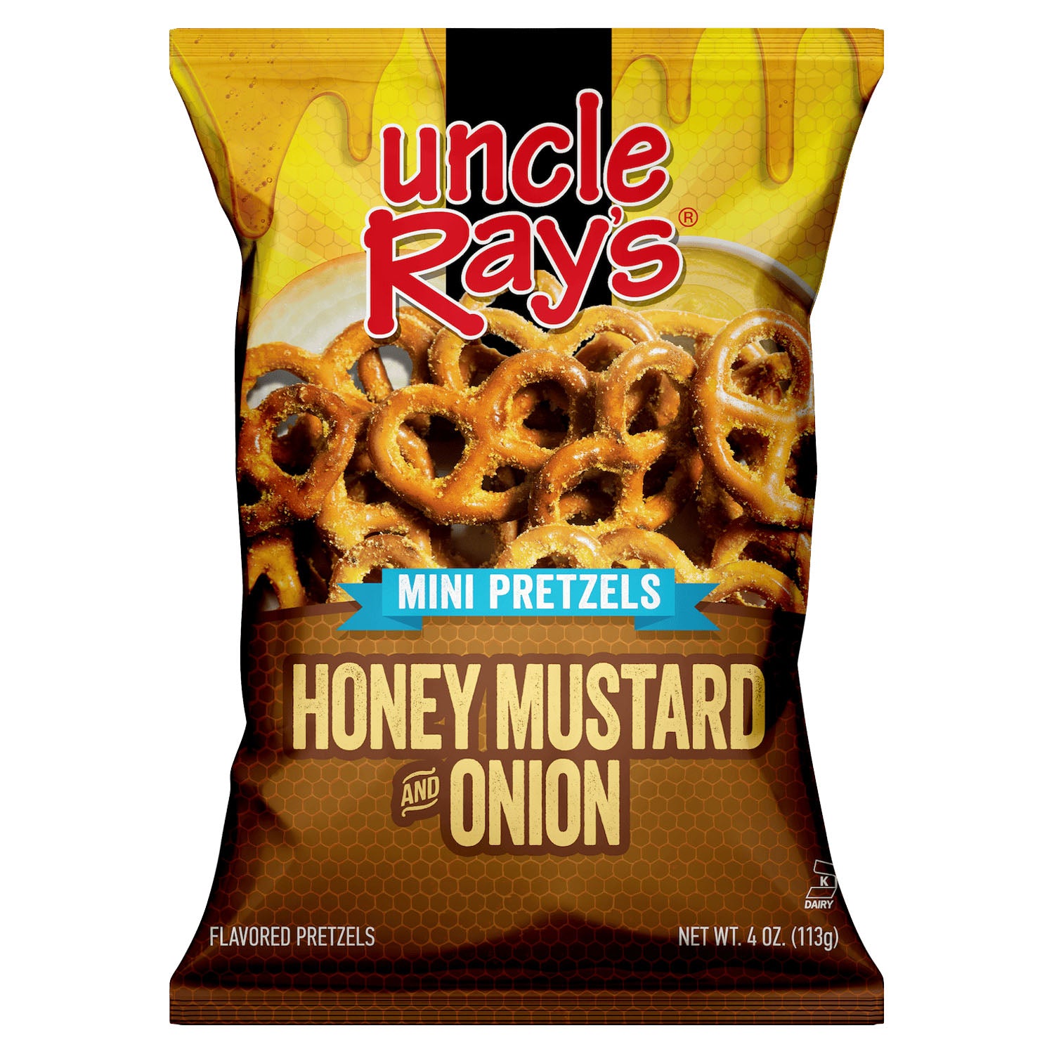 Packaging of Uncle Ray's Honey Mustard and Onion Mini Pretzels on a white background