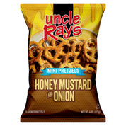 Packaging of Uncle Ray's Honey Mustard and Onion Mini Pretzels on a white background