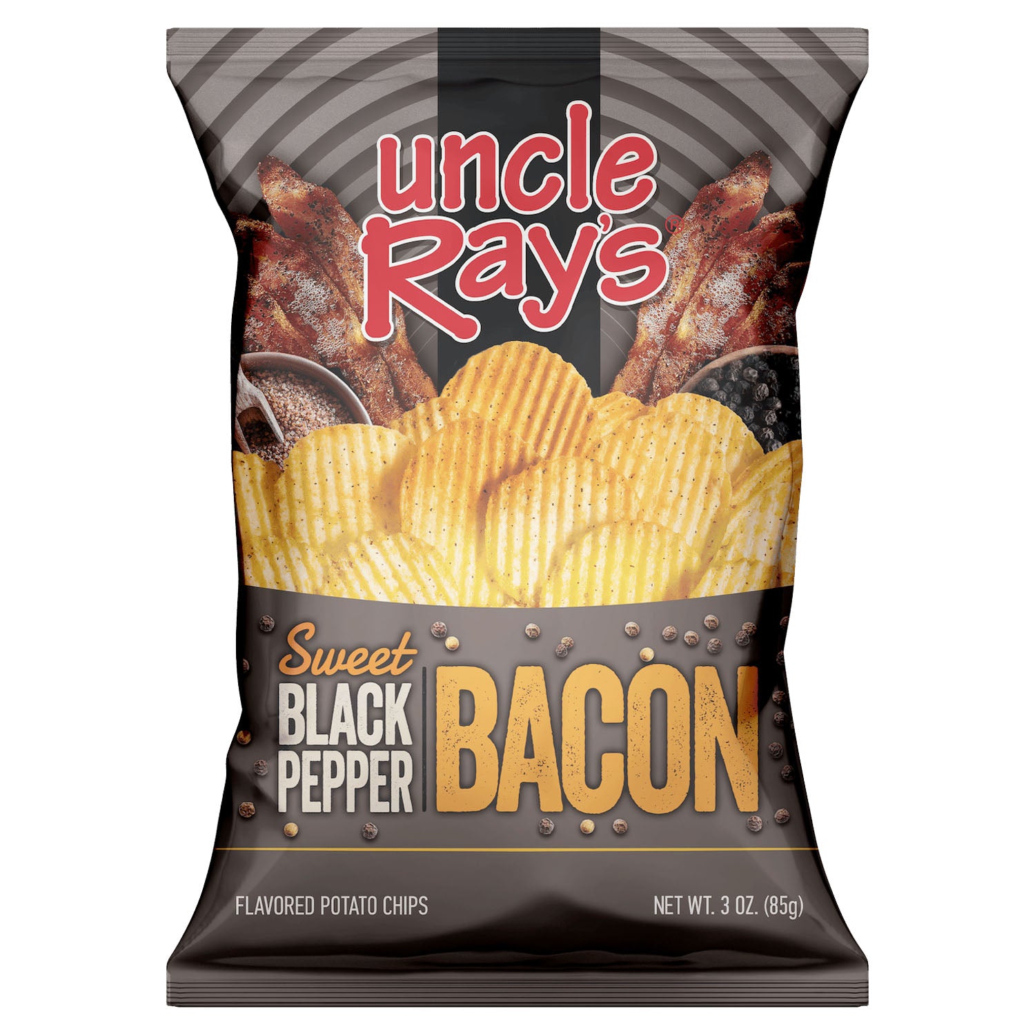 Bag of Uncle Ray's Sweet Black Pepper Bacon flavored potato chips on a white background