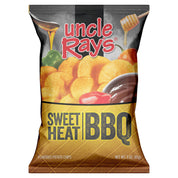 Bag of Uncle Ray's Sweet Heat BBQ flavored potato chips on a white background