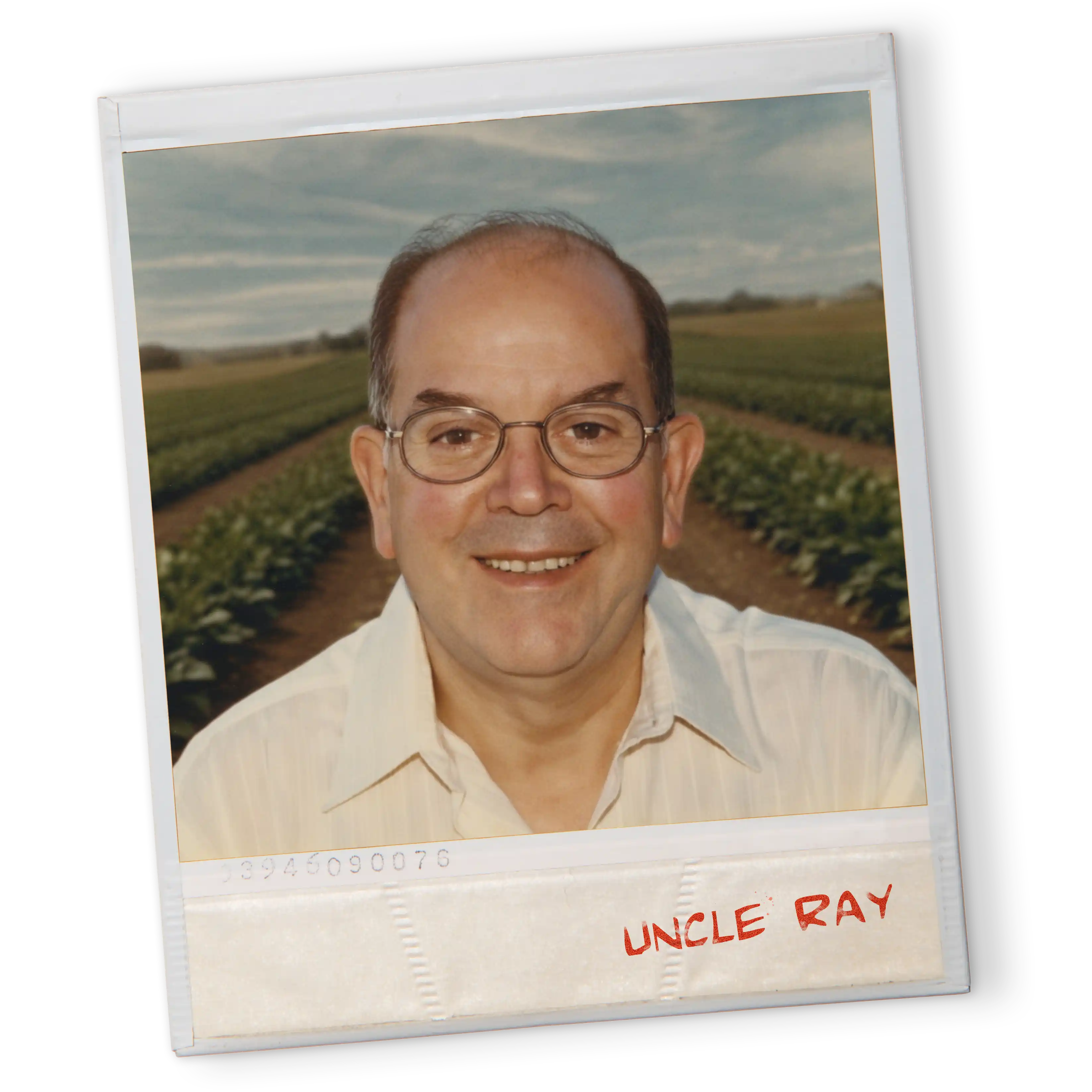 Polaroid-style photo of Uncle Ray with glasses in front of a field, labeled 'Uncle Ray'.
