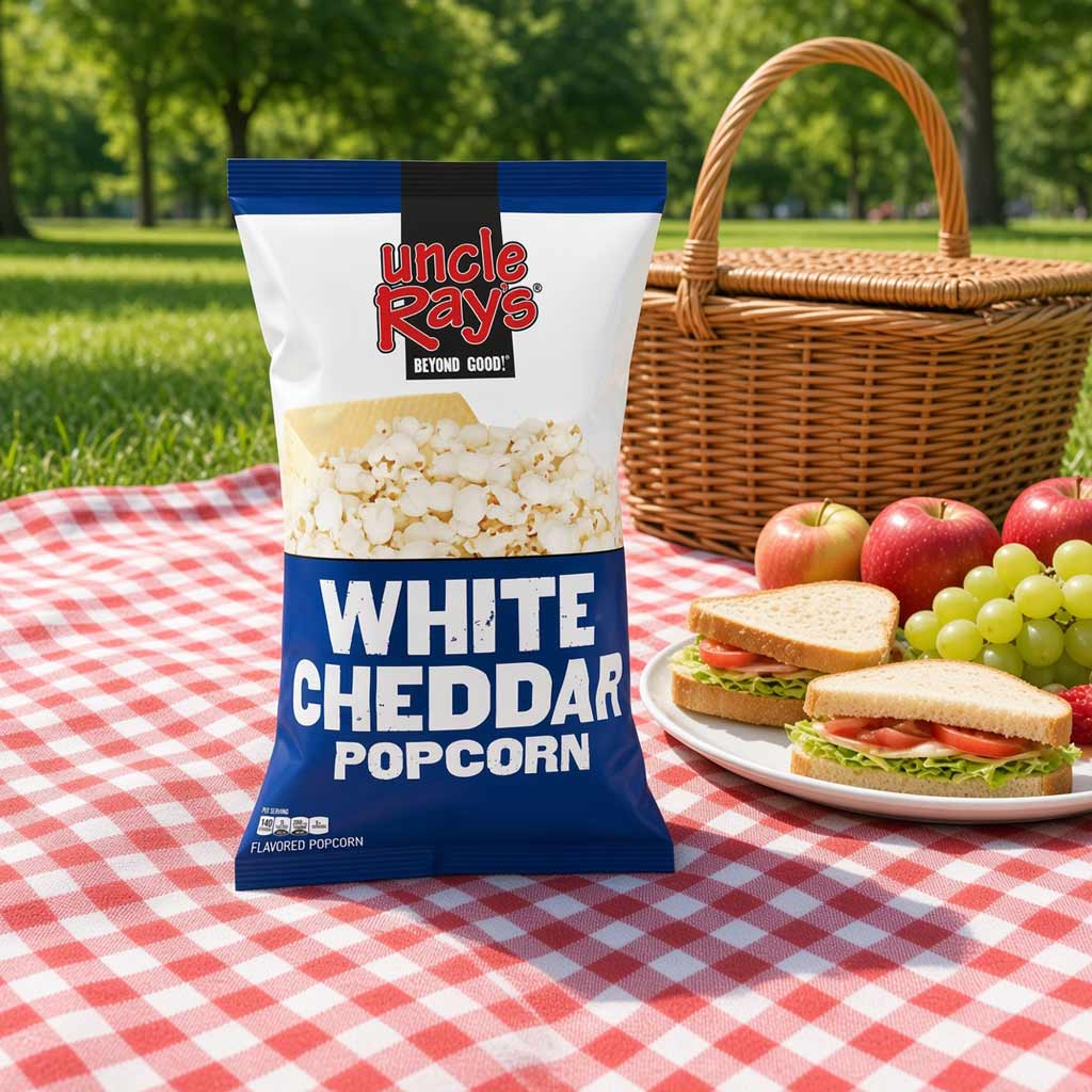 A bag of Uncle Ray's White Cheddar Popcorn stands on a red-and-white checkered picnic blanket outdoors, with a wicker picnic basket, sandwiches, apples, and grapes in the background.