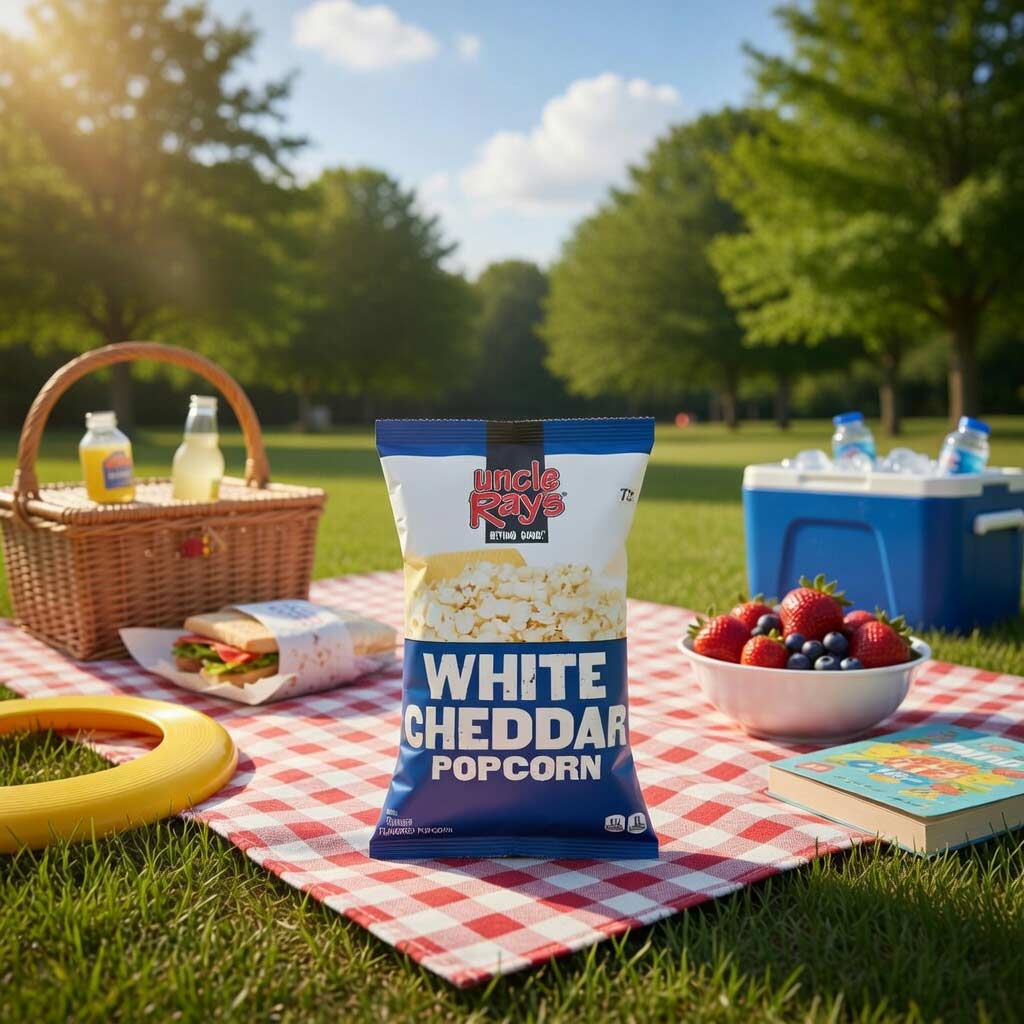 Picnic setup with Uncle Ray's White Cheddar Popcorn, fruits, and a basket on a checkered blanket outdoors.